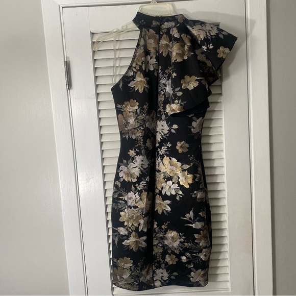 WOMENS M BLACK FLORAL PRINT ONE SHOULDER DRESS - Picture 2 of 5